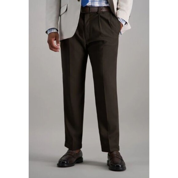 Haggar Dress Pants Mens 34x29 Stone Classic Fit Herringbone Pleated Preppy - Picture 2 of 9